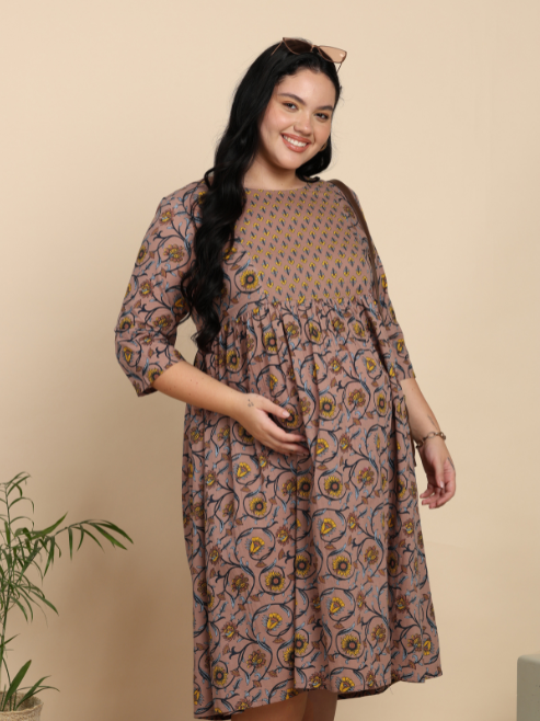 Fashion Plus Store Women’s Cotton Maternity Dress, Round Neck, 3/4 Sleeves (Muave)