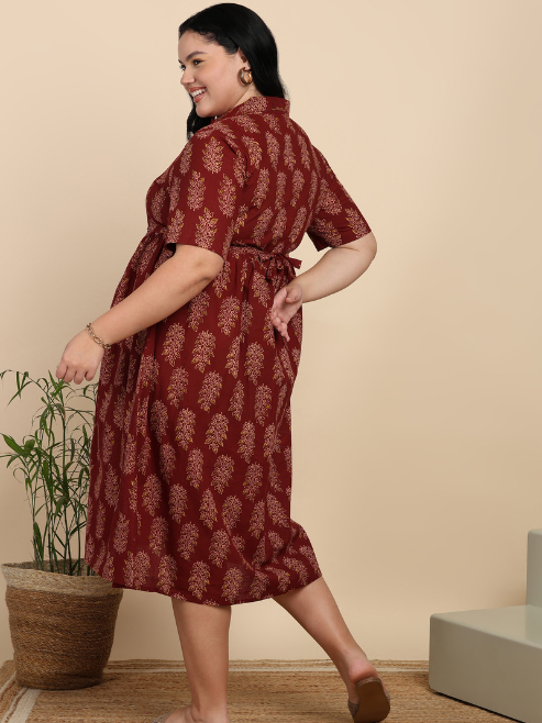 Fashion Plus Store Women's Cotton Maternity Wear Plus Size Floral Buti Printed Dress (Maroon)