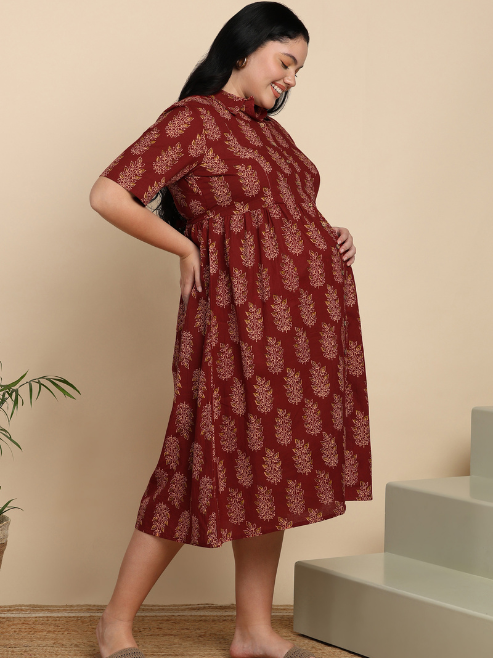 Fashion Plus Store Women's Cotton Maternity Wear Plus Size Floral Buti Printed Dress (Maroon)
