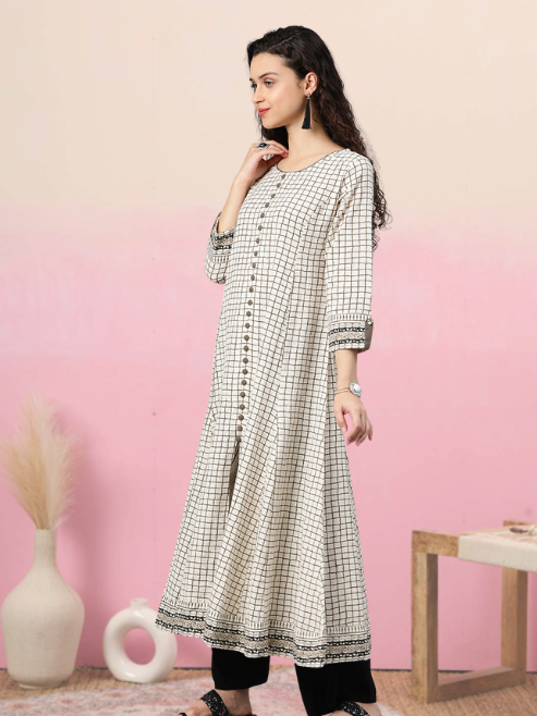 Checkered Frontslit Kurta (White)