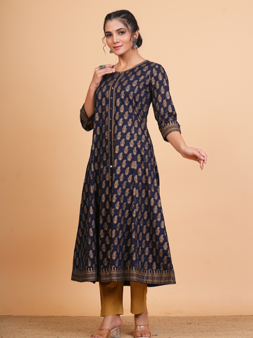 Fashion Plus Store Women's Cotton Calf Length 3/4th Sleeve Round Neck Floral Printed Anarkali Kurta with Dupatta