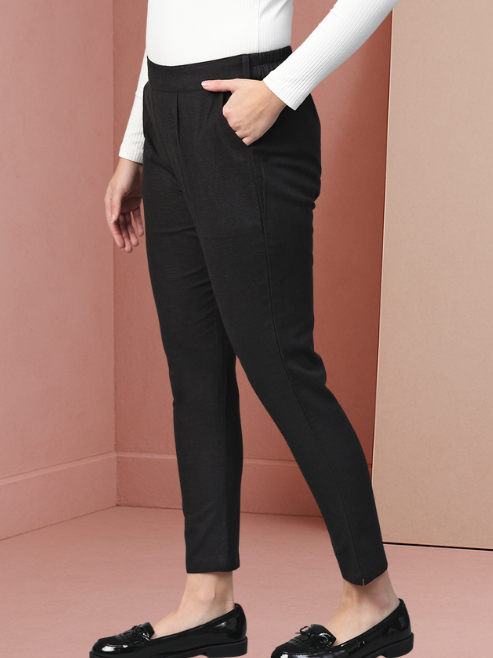 Cotton Slub Solid Regular Fit Casual Trouser Pants (BLACK)