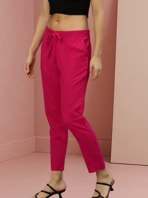 Solid Cotton Slub Straight Trouser Pant