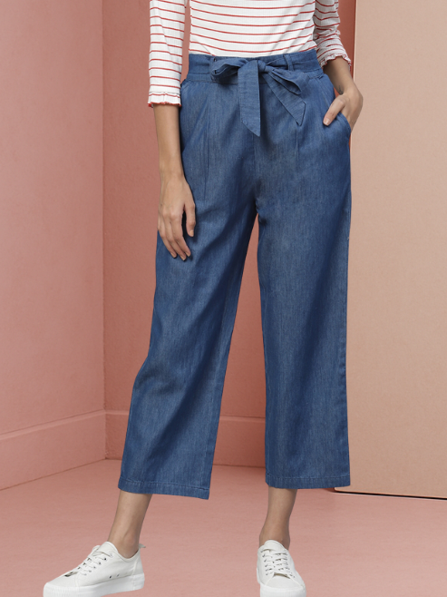 Denim Mid-Rise Culottes with Waist Tie-Up