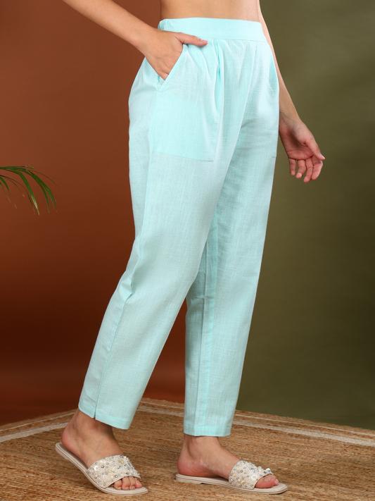 Cotton Slub Regular Fit Casual Trouser Pants with Pocket (Blue)