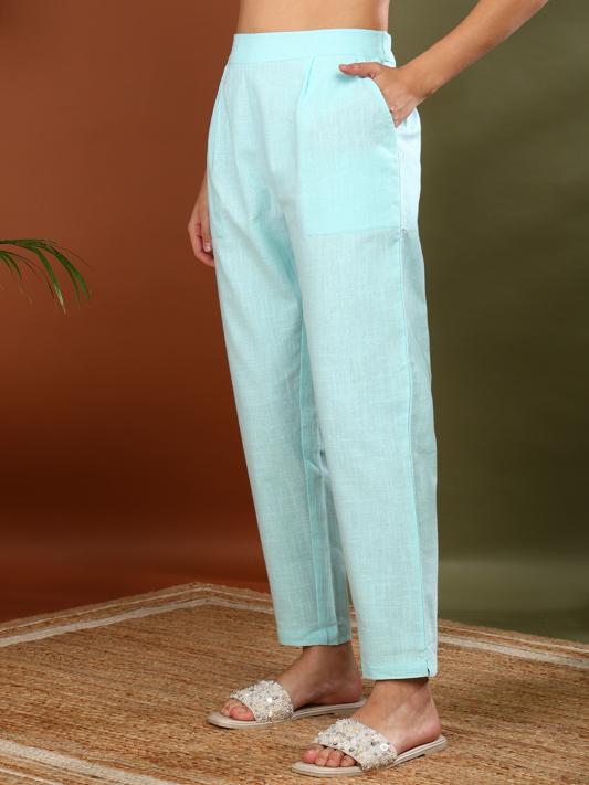Cotton Slub Regular Fit Casual Trouser Pants with Pocket (Blue)