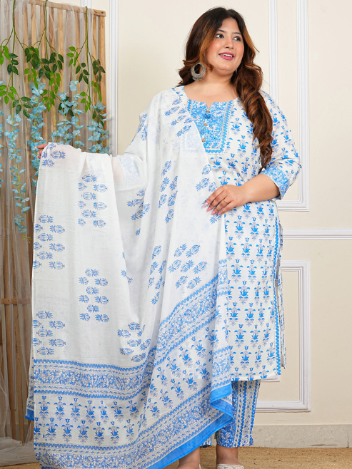 Fashion Plus Store Women's Plus Size Cotton Calf Length Notch Neck 3/4 Sleeves Floral Print Straight Kurta with Pant and Dupatta