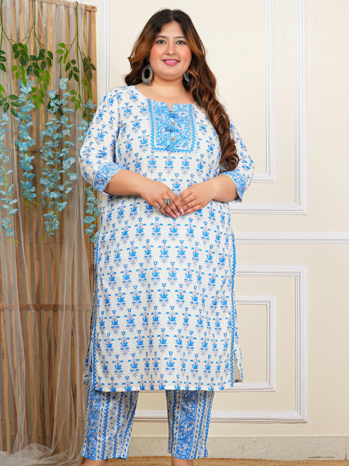Fashion Plus Store Women's Plus Size Cotton Calf Length Notch Neck 3/4 Sleeves Floral Print Straight Kurta with Pant and Dupatta