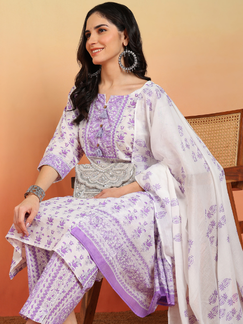 Fashion Plus Store Women's Plus Size Cotton Calf Length Notch Neck 3/4 Sleeves Floral Print Straight Kurta with Pant and Dupatta