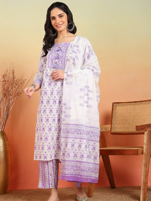 Fashion Plus Store Women's Plus Size Cotton Calf Length Notch Neck 3/4 Sleeves Floral Print Straight Kurta with Pant and Dupatta