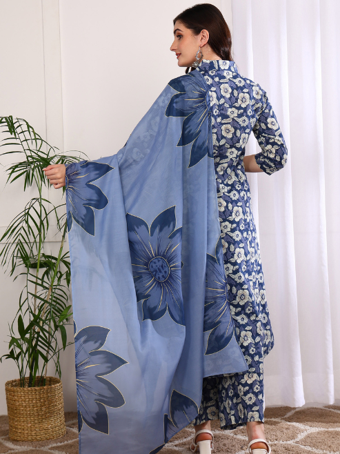 Fashion Plus Store Women's Printed Cotton Calf Length Mandarin Collar 3/4TH Sleeve Straight Kurta Pant And Duptta