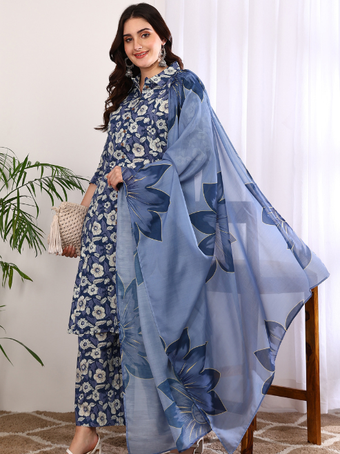 Fashion Plus Store Women's Printed Cotton Calf Length Mandarin Collar 3/4TH Sleeve Straight Kurta Pant And Duptta