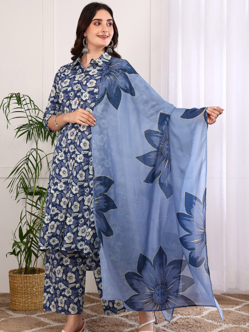 Fashion Plus Store Women's Printed Cotton Calf Length Mandarin Collar 3/4TH Sleeve Straight Kurta Pant And Duptta