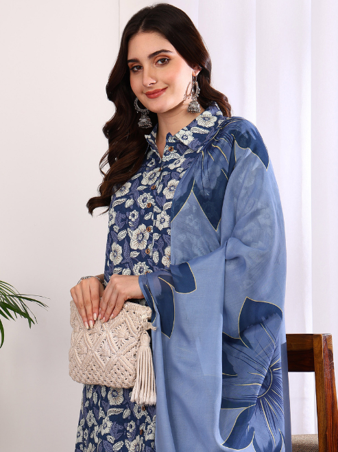 Fashion Plus Store Women's Printed Cotton Calf Length Mandarin Collar 3/4TH Sleeve Straight Kurta Pant And Duptta