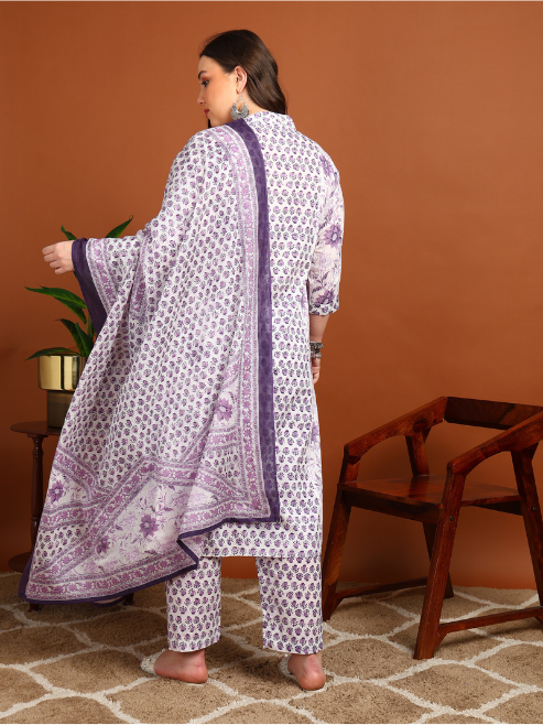 Fashion Plus Store Women's Cotton Calf Length 3/4th Sleeve V-Neck Floral Printed Anarkali Kurta with Printed Pant & Dupatta