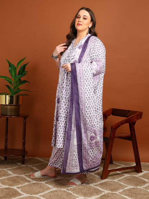 Fashion Plus Store Women's Cotton Calf Length 3/4th Sleeve V-Neck Floral Printed Anarkali Kurta with Printed Pant & Dupatta