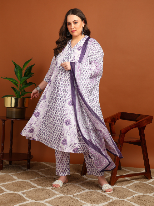 Fashion Plus Store Women's Cotton Calf Length 3/4th Sleeve V-Neck Floral Printed Anarkali Kurta with Printed Pant & Dupatta