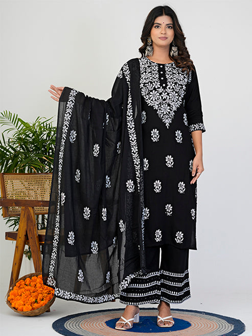 Fashion Plus Store Women’s Rayon Chikankari-Style Printed 3-Piece Kurta Set with Dupatta & Pant | Straight Fit Ethnic Wear