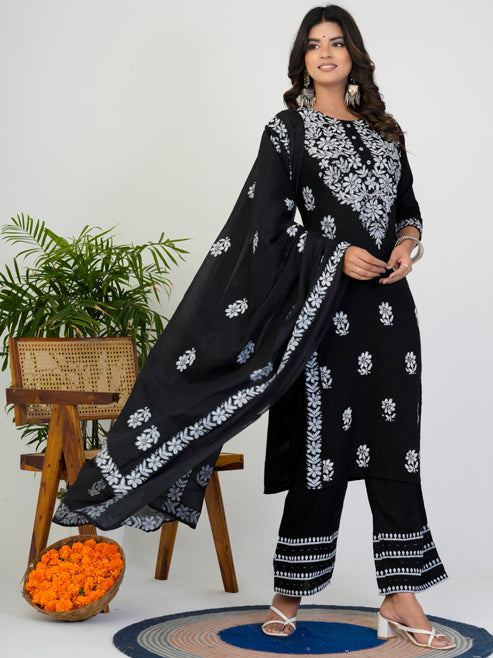 Fashion Plus Store Women’s Rayon Chikankari-Style Printed 3-Piece Kurta Set with Dupatta & Pant | Straight Fit Ethnic Wear