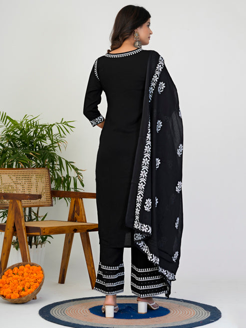 Fashion Plus Store Women’s Rayon Chikankari-Style Printed 3-Piece Kurta Set with Dupatta & Pant | Straight Fit Ethnic Wear
