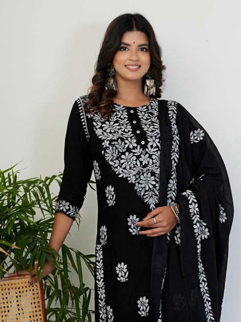 Fashion Plus Store Women’s Rayon Chikankari-Style Printed 3-Piece Kurta Set with Dupatta & Pant | Straight Fit Ethnic Wear