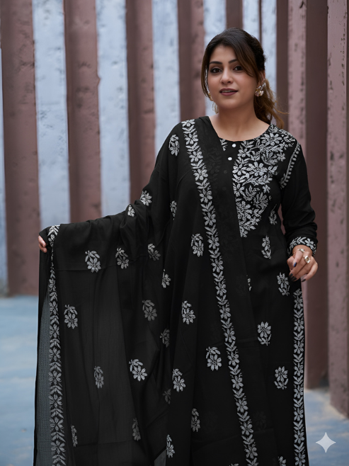 Fashion Plus Store Women’s Rayon Kurta Printed Chikankari Motifs with Dupatta and Plazzo , Round Neck, 3/4 Sleeves (Black)