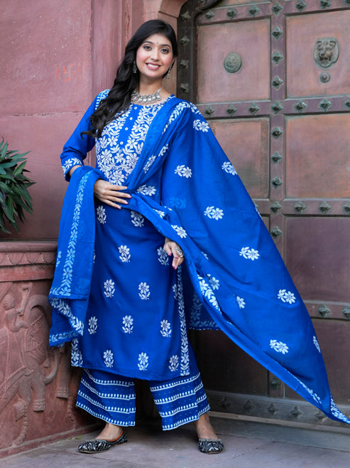 Fashion Plus Store Women’s Rayon Chikankari-Style Printed 3-Piece Kurta Set with Dupatta & Pant | Straight Fit Ethnic Wear