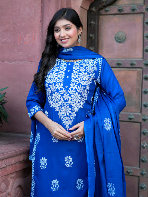 Fashion Plus Store Women’s Rayon Chikankari-Style Printed 3-Piece Kurta Set with Dupatta & Pant | Straight Fit Ethnic Wear
