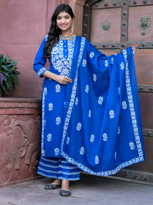 Fashion Plus Store Women’s Rayon Chikankari-Style Printed 3-Piece Kurta Set with Dupatta & Pant | Straight Fit Ethnic Wear