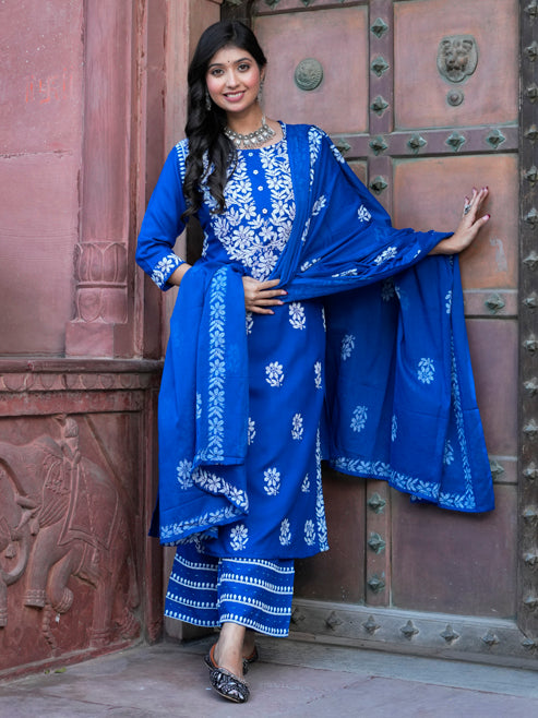 Fashion Plus Store Women’s Rayon Chikankari-Style Printed 3-Piece Kurta Set with Dupatta & Pant | Straight Fit Ethnic Wear
