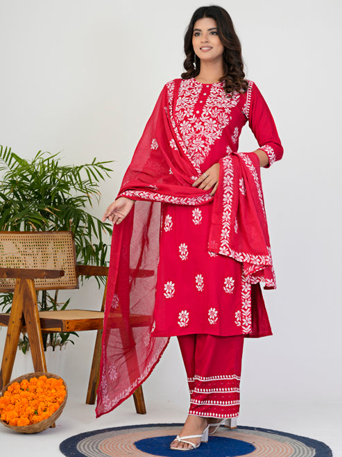 Fashion Plus Store Women’s Rayon Chikankari-Style Printed 3-Piece Kurta Set with Dupatta & Pant | Straight Fit Ethnic Wear