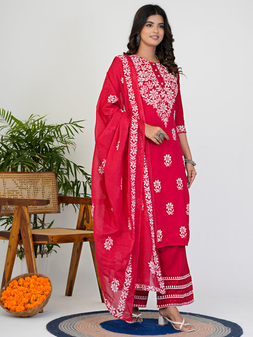 Fashion Plus Store Women’s Rayon Chikankari-Style Printed 3-Piece Kurta Set with Dupatta & Pant | Straight Fit Ethnic Wear