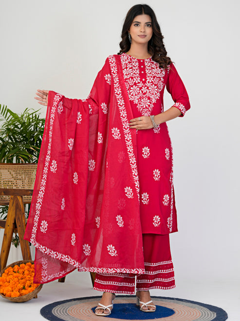 Fashion Plus Store Women’s Rayon Chikankari-Style Printed 3-Piece Kurta Set with Dupatta & Pant | Straight Fit Ethnic Wear