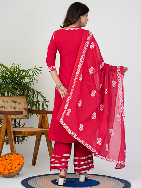 Fashion Plus Store Women’s Rayon Chikankari-Style Printed 3-Piece Kurta Set with Dupatta & Pant | Straight Fit Ethnic Wear