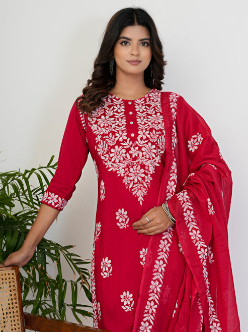 Fashion Plus Store Women’s Rayon Chikankari-Style Printed 3-Piece Kurta Set with Dupatta & Pant | Straight Fit Ethnic Wear