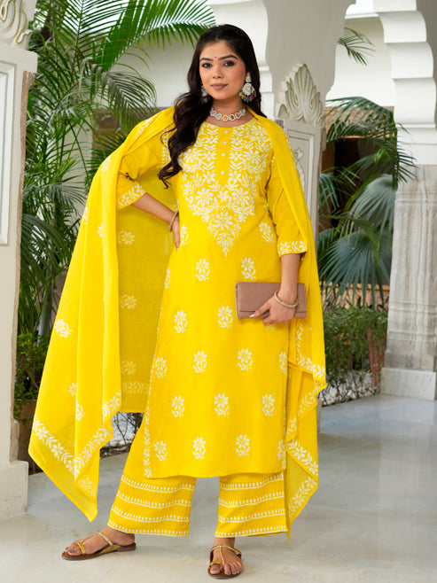 Fashion Plus Store Women’s Rayon Chikankari-Style Printed 3-Piece Kurta Set with Dupatta & Pant | Straight Fit Ethnic Wear