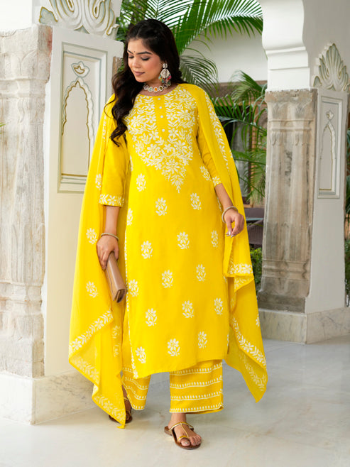 Fashion Plus Store Women’s Rayon Chikankari-Style Printed 3-Piece Kurta Set with Dupatta & Pant | Straight Fit Ethnic Wear
