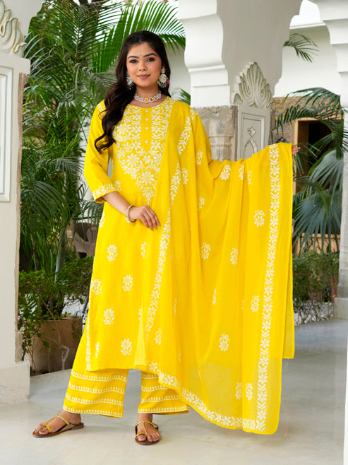 Fashion Plus Store Women’s Rayon Chikankari-Style Printed 3-Piece Kurta Set with Dupatta & Pant | Straight Fit Ethnic Wear