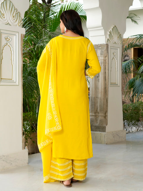 Fashion Plus Store Women’s Rayon Chikankari-Style Printed 3-Piece Kurta Set with Dupatta & Pant | Straight Fit Ethnic Wear