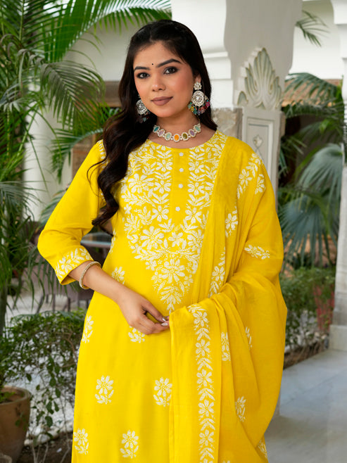 Fashion Plus Store Women’s Rayon Chikankari-Style Printed 3-Piece Kurta Set with Dupatta & Pant | Straight Fit Ethnic Wear