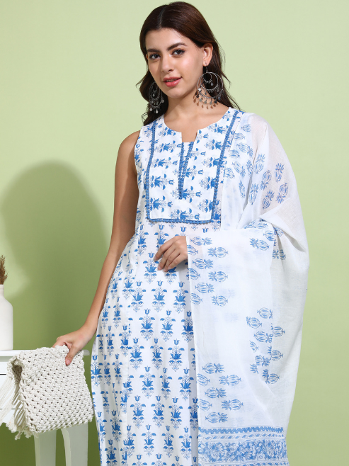 FASHION PLUS STORE Women’s Cotton Printed Sleeveless Straight Kurti with Pants and Dupatta (Blue)