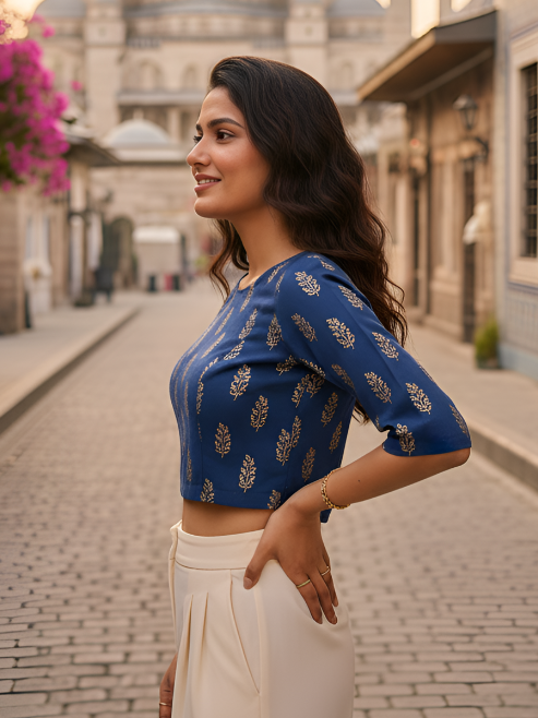 Fashion Plus Store Women’s Cotton Foil-Print Blouse Round Neck with Short Sleeves (Blue)