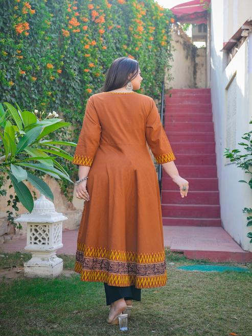 Cotton Slub Plus Size Angrakha Style Anarkali Kurti (Brown)