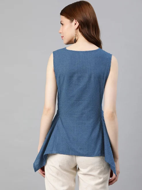 Kantha Cotton Embroidered Regular Top (Blue)