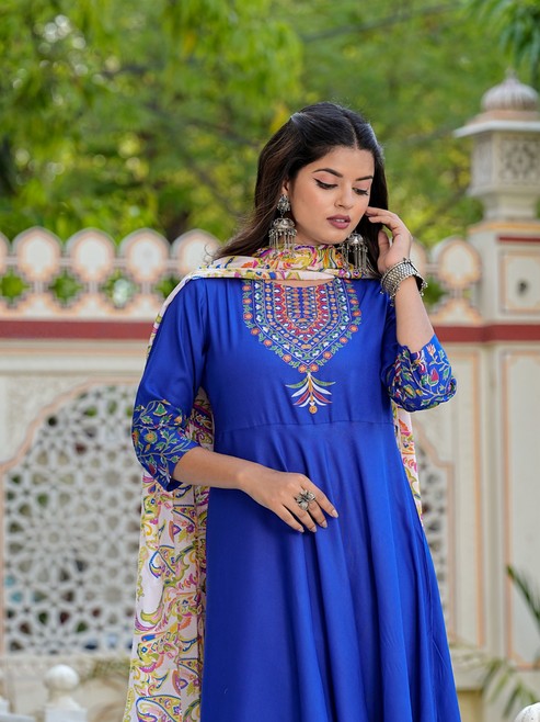 Rayon Floral Placement Printed Anarkali Kurti (Blue) & DUPTTA