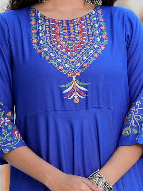 Rayon Floral Placement Printed Anarkali Kurti (Blue) & DUPTTA