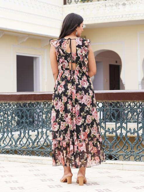 Chiffon Floral Printed Maxi Length Square Neck Sleeveless Summer Dress