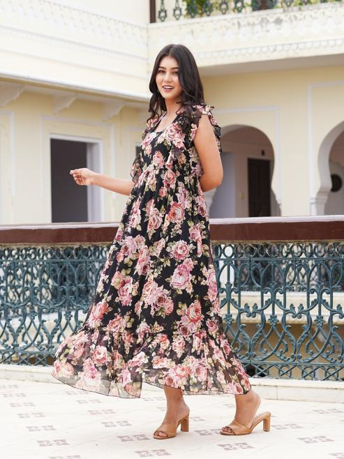 Chiffon Floral Printed Maxi Length Square Neck Sleeveless Summer Dress