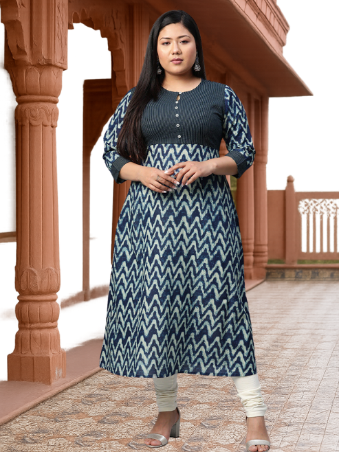 Cotton Chevron Print Kaantha Work A-line Kurta