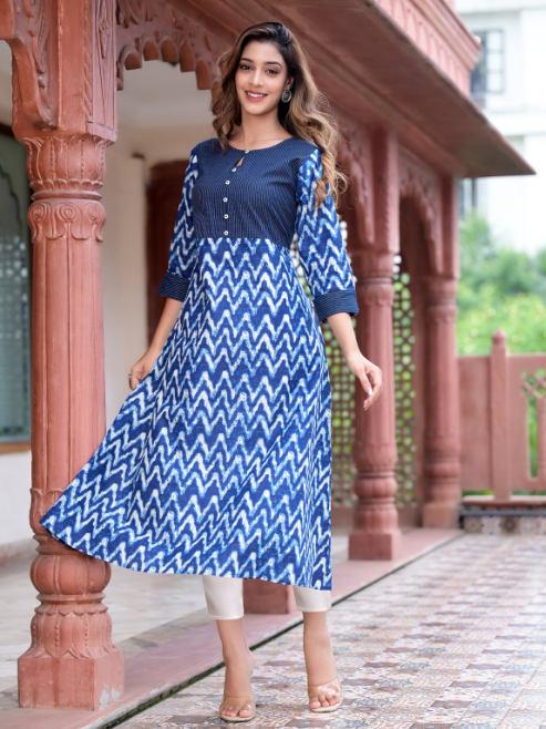 Cotton Chevron Print Kaantha Work A-line Kurta